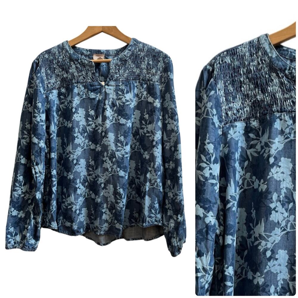 Chicos New Blushing Blooms Chambray Notch Neck 3/4 Sleeve Blouse Size XL